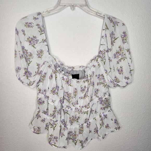 Lumière L White Floral Puff Sleeve Peplum Blouse Romantic Cottage Top - Picture 2 of 6